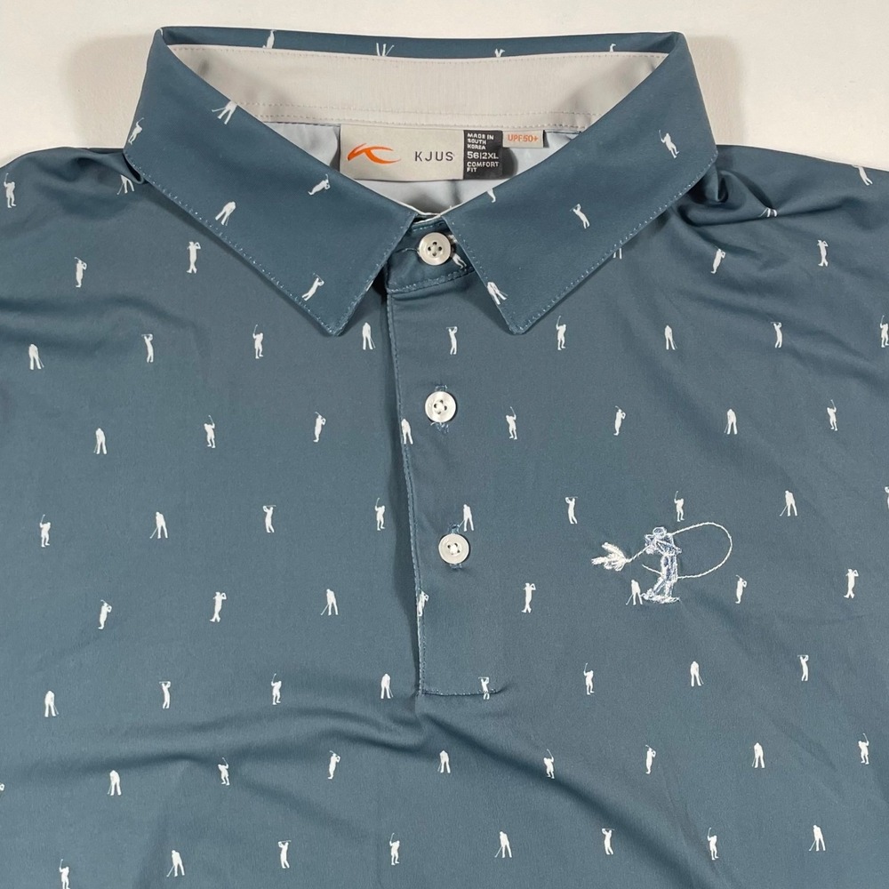 KJUS Polo Shirt Mens 2XL Golfer Print UPF 50+ Comfort Fit Blue MG60-L11